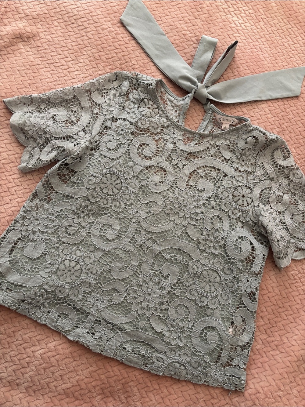 Nanette Lepore Sage Green Lace Tie-Back Short Sleeve Top